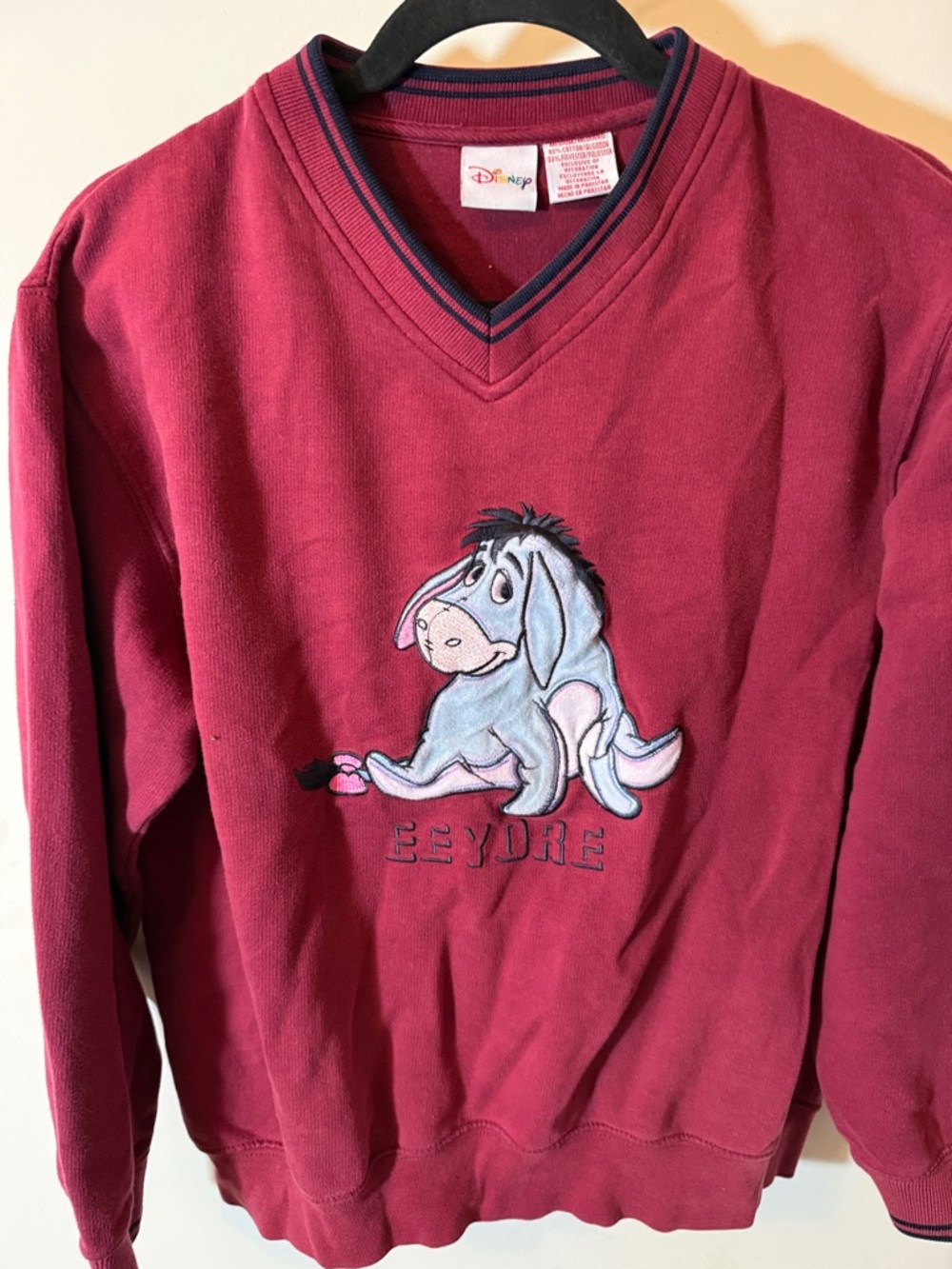 Vintage Disney Burgundy V-Neck Sweatshirt with Eeyore Embroidery